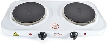 KitchenPerfect Twin Tabletop Hob White Cast Iron Hotplate Cooker Stove 2000W