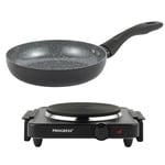 Progress COMBO-9087 Electric Hotplate Set – With 24 cm Ceramic PFAS-Free Non-Stick Frying Pan, Camping Stove, Table Top Electric Cooker, Portable Kitchen Hob with Carry Handles, Variable Heat Settings