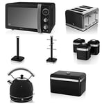 Swan Retro Black Kitchen Set of 9 - Digital Microwave, 20L, 800w, 1.8L Dome Kettle, 4 Slice Toaster, Retro Bread bin, 3 Canisters, Towel Pole and 6 Mug Tree