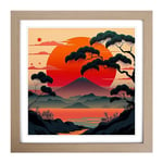 Japanese Sunset Art Deco Framed Wall Art Print, Ready to Hang Picture for Living Room Bedroom Home Office, Oak 18 x 18 Inch (45 x 45 cm)