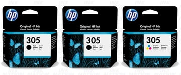 2x Original HP 305 Black & 1x Colour Ink Cartridge For DeskJet 2724 Printer