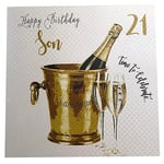 White Cotton Cards-Fils WBS21 Seau à Champagne Pailleté Fils, Joyeux Anniversaire 21» Carte d'anniversaire Faite à la Main Blanc