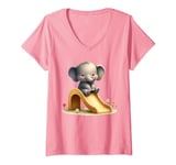 Womens Pink Adorable Elephant on Slide Cute Animal Theme V-Neck T-Shirt