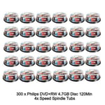300 Philips DVD+RW 4.7GB Disc 120Min 4x Speed Spindle Tub Rewritable Blank Discs