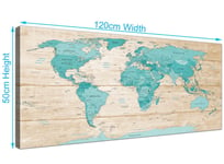 Large Teal Cream Map of World Atlas Canvas Wall Art Prints - 120cm Wide - 1313