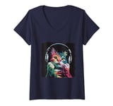 Womens Funny Colorful Cat with Headphones For Cat Lover V-Neck T-Shirt