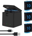 Lot de 3 batteries de rechange Hero 10/9 et chargeur USB à 3 canaux compatibles avec GoPro Hero 10/9 Black AHDBT-10-1 (entièrement compatible avec batterie et chargeur GoPro10/9)