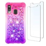 for Samsung A40 Case and [2 Pack] Screen Protector Tempered Glass, Glitter Clear Liquid Sparkly Crystal Cute Girl Cover Tough Silicone Shockproof Case for Samsung Galaxy A40 (Pink/Purple)