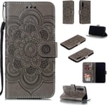 Portefeuille Coque Pour Huawei P30 Smartphone Magnétique Pu Cuir Etui Rabat Avec Fente Pour Carte Et Dragonne Mandala Fleur Motif - Gris
