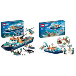 LEGO City 60368 Le Navire d'Exploration Arctique, Jouet de Grand Bateau Flottant & 60377 City Explorer Diving Boat Toy with Mini-Submarine, Shark, Crab, Turtle Manta Ray and Sea Animal Figures