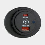 Sutars USB-uttag Sutars, utanpåliggande, svart, oval, 12 / V 24 V, 36 W 60 W, 2.1 A, USB-A + USB-C, med lock
