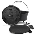 VOUNOT Dutch Oven 4.25 Liters, Pre-Seasoned Cast Iron Pot with Carry Bag, Feet, Lid Lifter, Spiral Handle and Slot for Thermometer, for Camping, Cooking Baking