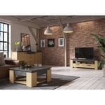 AUSTIN Living Room Set: Soffbord + TV-bänk + 2-dörrars skänk - Hamilton ek och grå dekor