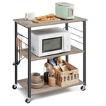 VASAGLE Étagère de Cuisine à roulettes, Chariot à 3 Niveaux, Support pour Micro-Ondes, Four, Grille-Pain, Cadre Métallique avec 6 Crochets, 40 x 80 x 89 cm, Grège Chiné et Noir d'encre KKS067K02