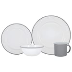 Argon Tableware 16 Piece White Enamel Dinner Set - Metal Outdoor Camping Plates Bowls Mugs for 4 - Grey