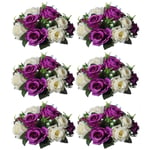 NUPTIO Pcs of 6 Fake Flower Ball Arrangement Bouquet,15 Heads Plastic Roses with Base, Suitable for Our Store's Wedding Centerpiece Flower Rack for Parties Valentine's Day Home Décor (Purple & White)