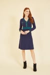 Navy Knitted Dress With Contrast Waistband and Button Detail