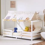 LEADZM Lit cabane Enfant 90x200 cm avec baldaquin en Tissu, sommier à Lattes, barrières de sécurité Bois en pin Forme de Maison Lit au Sol Montessori pour Enfants (Blanc, 90x200cm)
