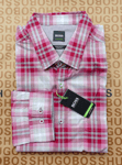 New Hugo BOSS red pink checked Athleisure stretch regular tie casual shirt LARGE