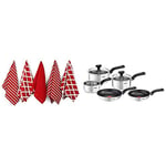 Penguin Home Tefal 5 Piece, Comfort Max, Stainless Steel, Pots and Pans, Induction Set 100% Cotton Tea Towel Set of 5 - Stylish Red Design - 65 x 45cm