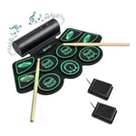 COSTWAY bärbart elektroniskt trumset, 9 pads, MIDI-funktion, 2 stereohögtalare, 2 pedaler, 2 trumpinnar, 7 rytmer, 4 delar, grön