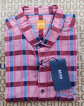 New Hugo BOSS mens red checked regular fit short sleeve suit shirt MEDIUM £85