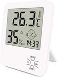 Mini Thermomètre Hygromètre Intérieur Numérique à Haute Précision thermomètre Maison avec Support Pliant Et Réveil pour Indicateur du Niveau de Confort du Maison Bureau Cuisine Jardin etc Blanc