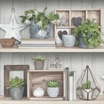 Rustic Shelf Potted Plants Wallpaper Floral Green Grey Brown Paste Wall Vinyl