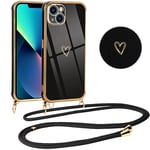 Coque de Protection pour iPhone 14 avec bandoulière, chaîne de téléphone Portable, Coque en Silicone Noir avec Motif cœur, Ultra Mince et Belle, avec lanière (Noir)
