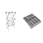 Vileda Sprint 3-Tier Clothes Airer, Indoor Clothes Drying Rack with 15 m Washing Line, Silver & Addis Premium Soft touch 6 Compartment Cutlery Drawer Organiser Tray, White and Grey 6 Sections