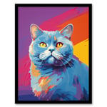 British Shorthair Cat Lover Gift Pet Portrait Purple Orange Blue Artwork Painting Art Print Framed Poster Wall Decor