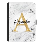 Personalised Initial Case For Apple iPad Pro 12.9 (2020) (4th Gen) 12.9 inch, Grey & White Marble Print with Yellow Initial & Black Name, 360 Swivel Leather Side Flip Folio Cover, Marble Ipad Case