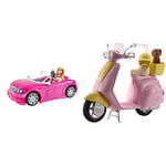 Barbie Drive into Imagination Doll and her Glam Convertible Car! & Mo-Ped with Puppy, Motorbike for Doll, Pink Scooter, Vehicle, Ages 3 Years+, FRP56