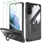 QHOHQ Case for Samsung Galaxy S21 Plus 5G 6.7" with 2 Pack Tempered Glass Screen Protector,[360° Rotating Stand] [5X Military Grade Anti-Fall Protection],Transparent Hard PC Back, Soft TPU Edge-Black