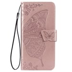 Dedux Flip Wallet Case Compatible with Xiaomi Redmi 9AT/Redmi 9A, 3D Embossed Butterfly Rose Flower PU Leather Kickstand ID Credit Card Slots, Folio Flip Cover with Card Holder. Rose Gold