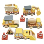 Le Toy Van - Cars & Construction Wooden Construction Vehicles Pretend Play Play Set With Lifting Crane, Scoop, Roller, Digger, Tip-up Truck and Cones Builder Toy | Pretend Play Toy Suitable For Age 3+