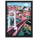 Clifton Suspension Bridge Pink and Teal Cityscape Artwork Framed Wall Art Print A4