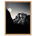 Moonrise by Half Dome in Yosemite National Park High Contrast Black White Photograph Full Moon and Mountain Forest Landscape Art Print Framed Poster W