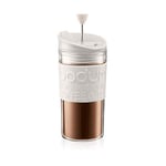 BODUM Insulated 11102-913s Piston Cup with Hinged Lid, 0.35 Litre, Plastic, white, clear, 3.5 Inch, 7,1 x 8,9 x 17,2 cm