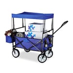 Relaxdays Chariot de transport pliable charrette pliante avec toît 360° pivotant poches HxlxP: 55 x 83 x 51,5 cm, bleu