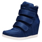 ANUFER Women's Suede Leather Hook&Loop Strappy Hidden Wedge High-top Trainers Shoes Blue SN02064 UK5.5