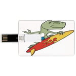 32G USB Flash Drives Credit Card Shape Reptile Memory Stick Bank Card Style Funny Surfing Trex in Water on Plain Background Safari Flame Cool Fictional Artsy,Green Red Yellow Waterproof Pen Thumb Love