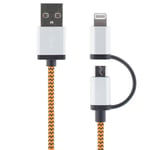 Ny Tygklädd USB-Kabel med både lightning-kontakt och Micro USB (Orange)