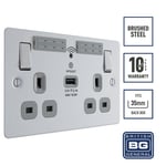 Double Wall Socket 2 Gang 2.1A USB A Port WiFi Extender 13A Brushed Steel- BG
