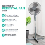 LIVIVO Electric 16” Pedestal Fan – Powerful Free Standing Oscillating and Tilting Height Adjustable Stand – 3 Speed Settings, Oscillation Mode and Mesh Safety Grill (Grey)
