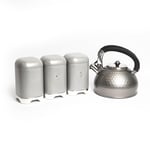 4pc Gift-Boxed Shadow Grey Kitchenware Set with Tea, Coffee & Sugar Canisters and 2.5L Whistling Kettle