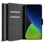 Olixar for iPhone 12 Wallet Case - Genuine Leather Flip Cover - Credit Card Storage - Built In Stand - Wireless Charging Compatible - Black