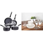 Amazon Basics 8-Piece Non-Stick Cookware Set, Black & Sabichi 36pc Day to Day White Dinner Set - Microwave & Dishwasher Safe - Plates and Bowls Set