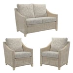 Desser Dijon Cane Conservatory Furniture Set – Fully Assembled 2 Seater Sofa & 2x Armchairs –Luxury Indoor Real Wicker Chair & Settee Suite with UK Manufactured Cushions – Arkansas Fabric