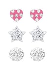 The Love Silver Collection Sterling Silver Ball, Heart and Star Crystal Stud Childrens Set of 3 Earrings, One Colour